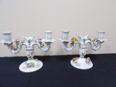 Dresden antique ornate pair of porcelain candle holders