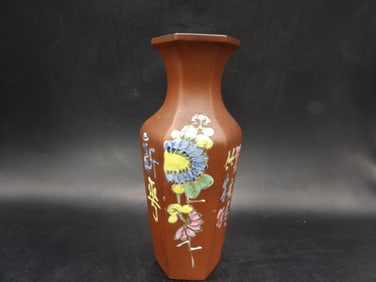 Chinese antique Yixing clay enamel painted hexagon shaped vase