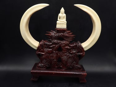 Asian fine carved wood dragon and buddha statue