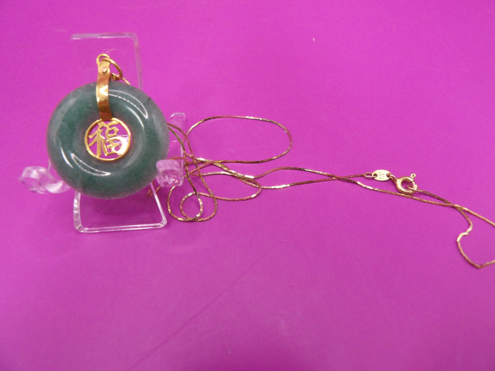 14k Chinese jadeite jade pendant w 14k Italian gold necklace marked - Entire auction is No Reserve!