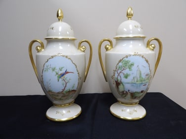 lot of 2 ornate gold gilt lidded urns with birds flowers scenic landscape paintings marked