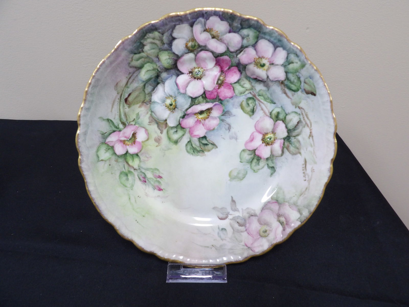 hand painted porcelain plate with gold rim and floral motif probably Limoges circa 1900 - 1920 (1 of 5)