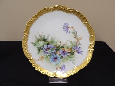 gold rim hand painted Limoges porcelain plate with blue cornflowers