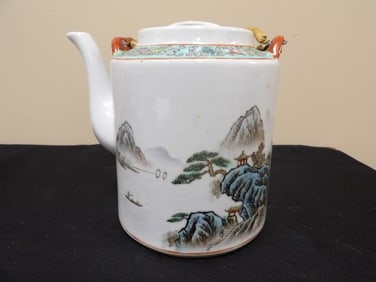 vintage Chinese large porcelain teapot with landscape scenes