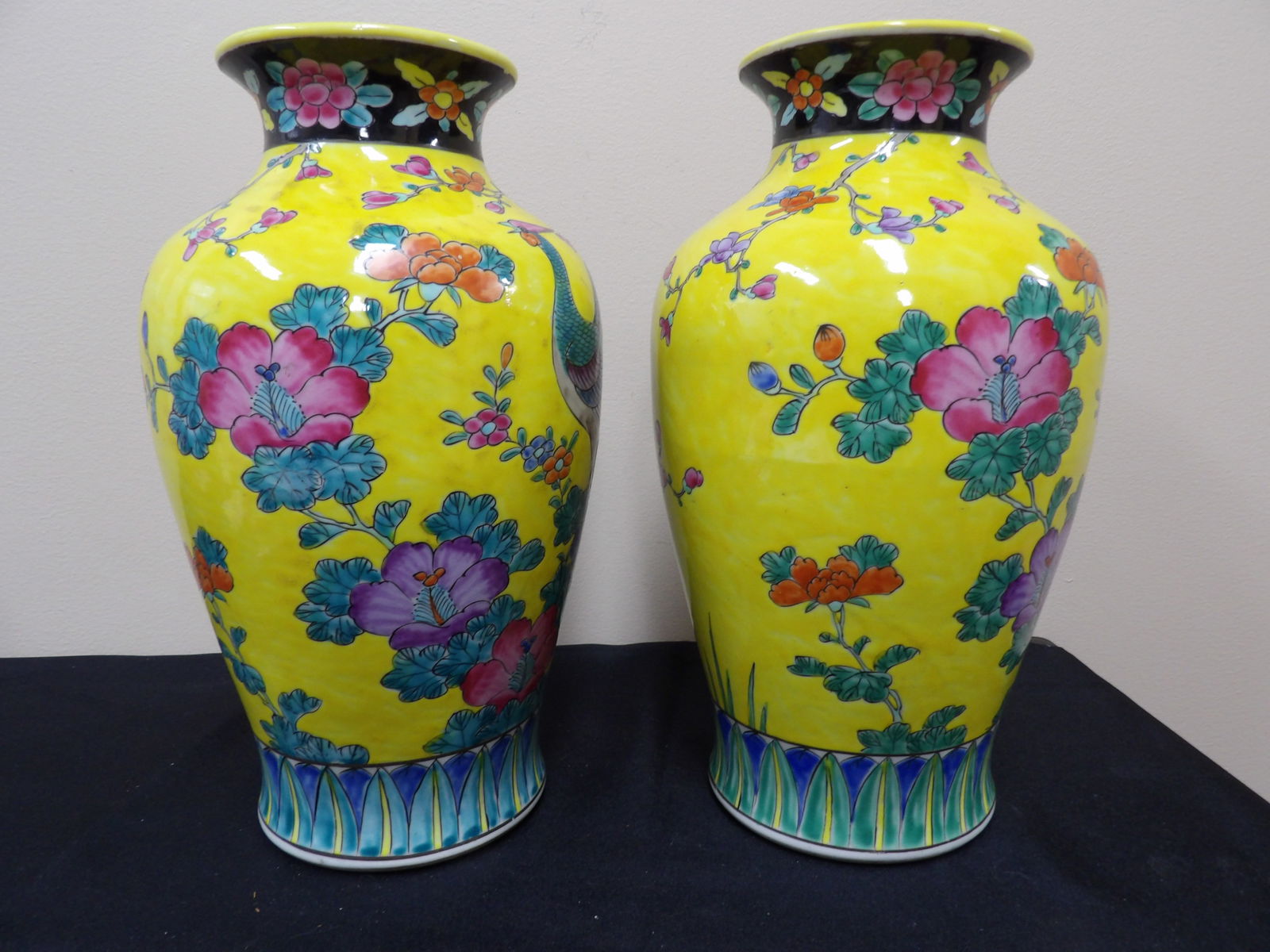 pair of antique Japanese yellow glazed vases with flowers and phoenix decoration (1 of 8)