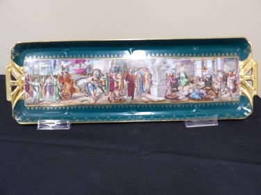 rare antique European 18 inches length porcelain tray with hand painted detailed classical scene