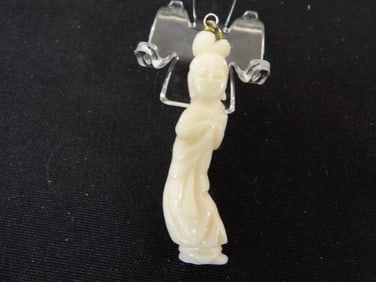 Chinese angel skin coral carved Kwan Yin figural pendant