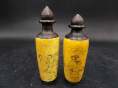 lot of 2 antique Chinese bone and wood carved snuff bottles with erotic scenes