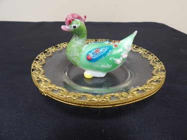 lot of 2 color glazed glass mandarin duck and art nouveau glass plate with gilded metal overlay