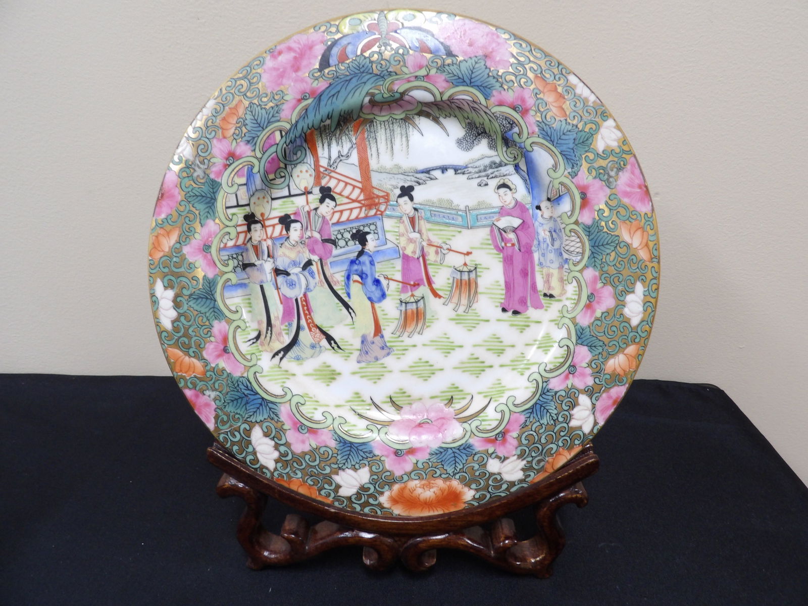Chinese famille rose colorful porcelain plate with custom wood base (1 of 8)