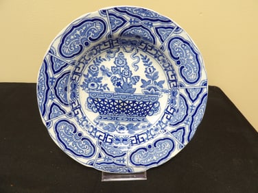 blue and white transferware porcelain plate with chinoiserie decoration