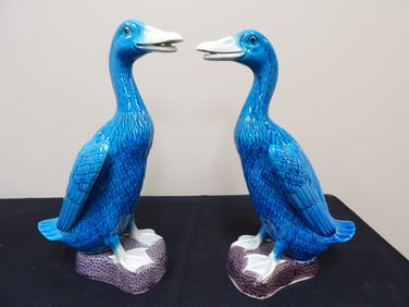 lot of 2 Chinese blue glazed larger porcelain duck figurines marked China on bottom