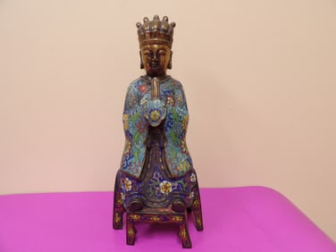 antique Chinese cloisonne enamel bronze seated figure of a deity