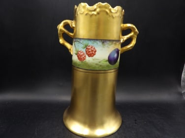 European gold gilt porcelain vase with hand painted fruits and ornate handles circa 1900