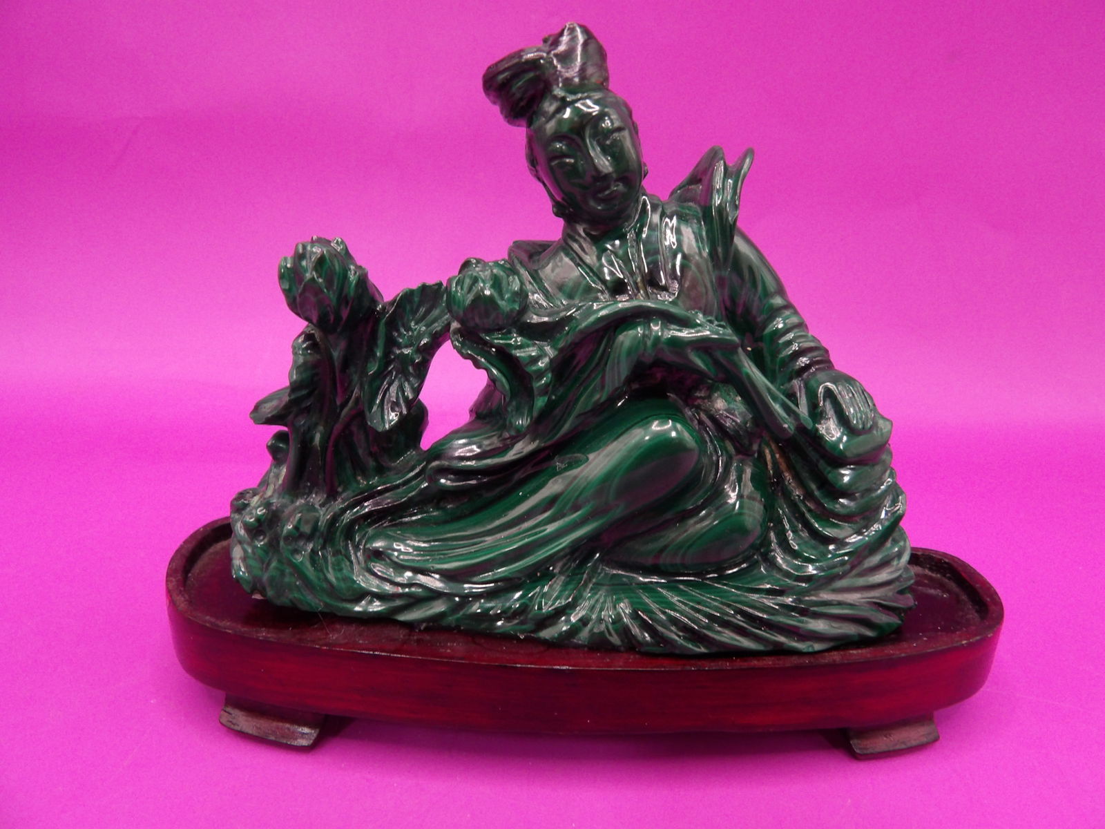 antique Chinese malachite fine carving of Kwan Yin adhered to wooden base (1 of 4)