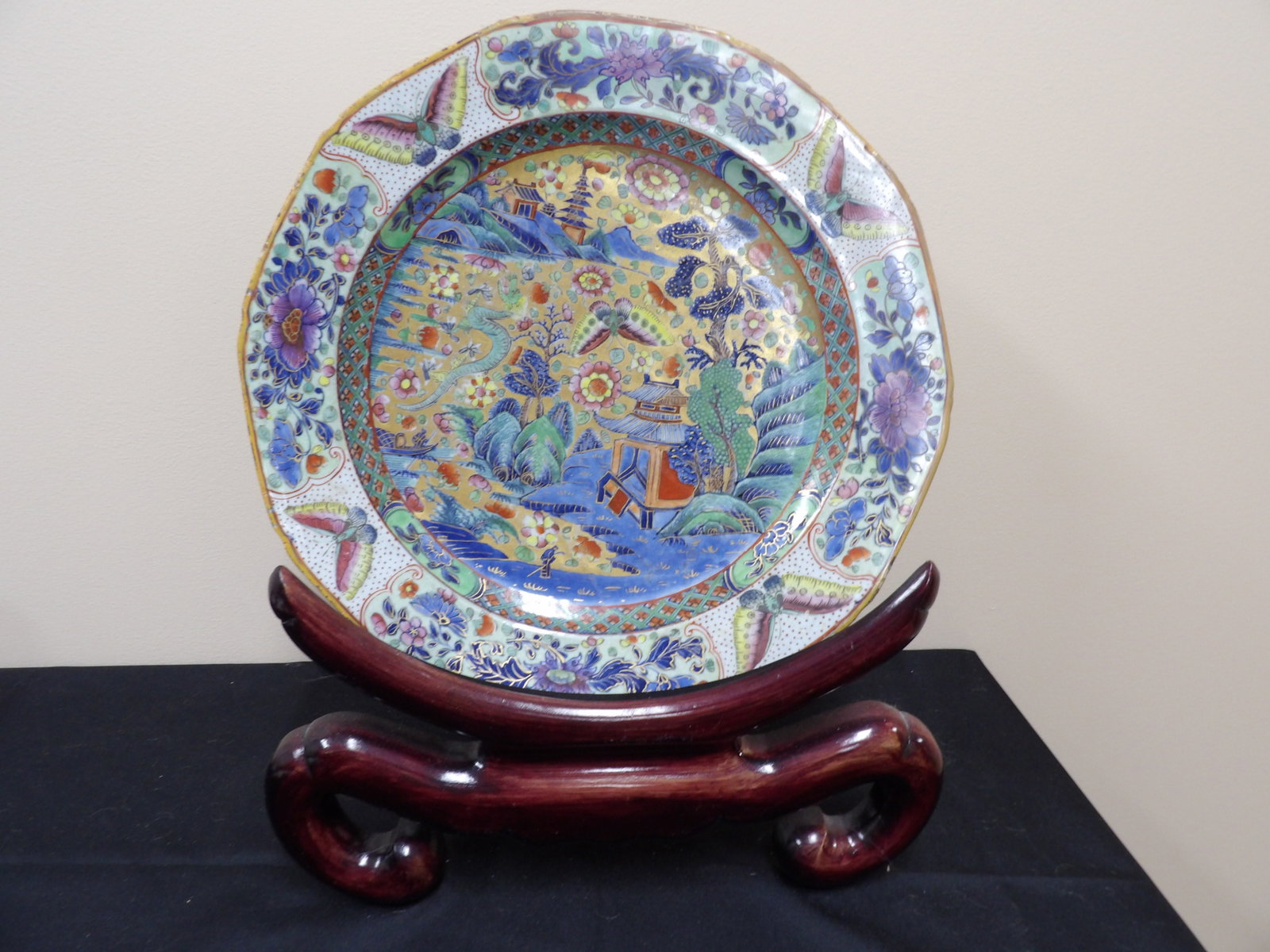 large Asian hand painted porcelain charger signed on wooden base (1 of 9)