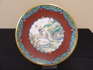 antique fine Chinese cloisonne plate with children playing scene