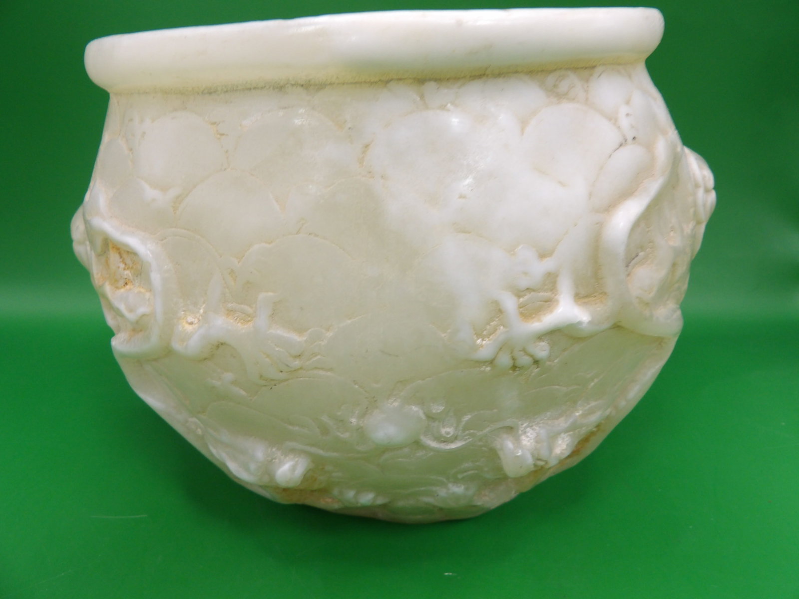 Chinese stone carved dragon brush pot with mask ears: 7.5 inches length. 5.5 lbs.