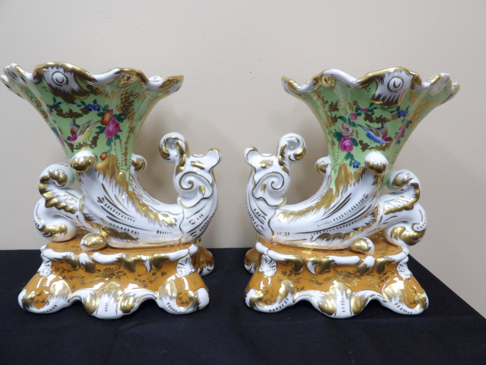 Chelsea House very ornate green and gold gilt cornucopia vases: 9.5 inches height.