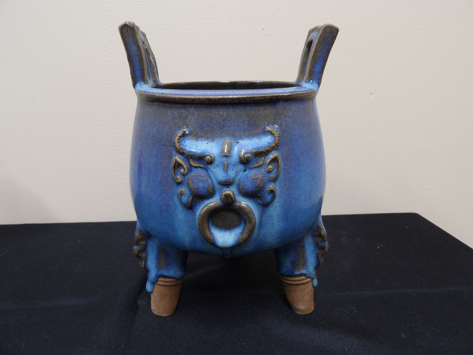 Chinese Jun Kiln porcelain incense burner with mask faces: 8.7 inches height.