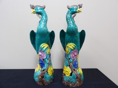 rare antique Chinese large phoenix porcelain statues lot of 2 with maker's mark