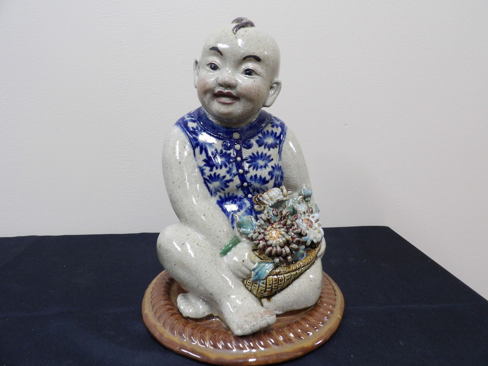 fine quality Chinese porcelain boy holding flowers statue signed (1 of 8)