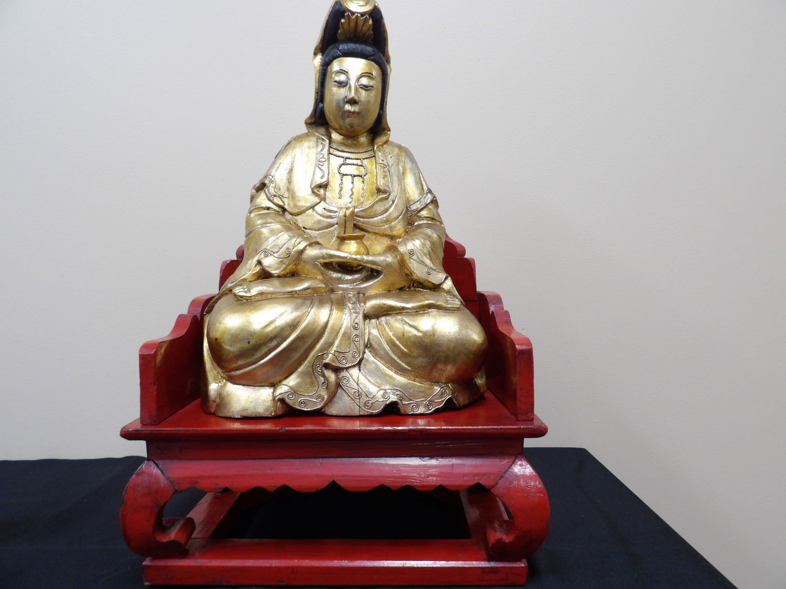 rare Chinese gold gilt carved wooden Kwan Yin sitting on red seat: 21 inches height.