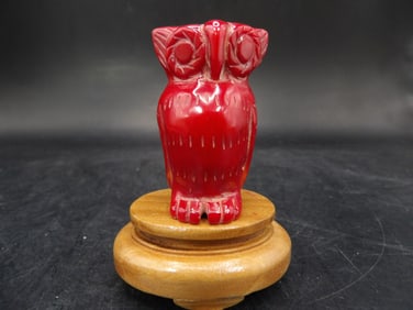 Chinese coral owl carving on wooden base