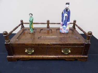 lot of 3 antique Chinese porcelain figurines and Japanese wood jewelry display box