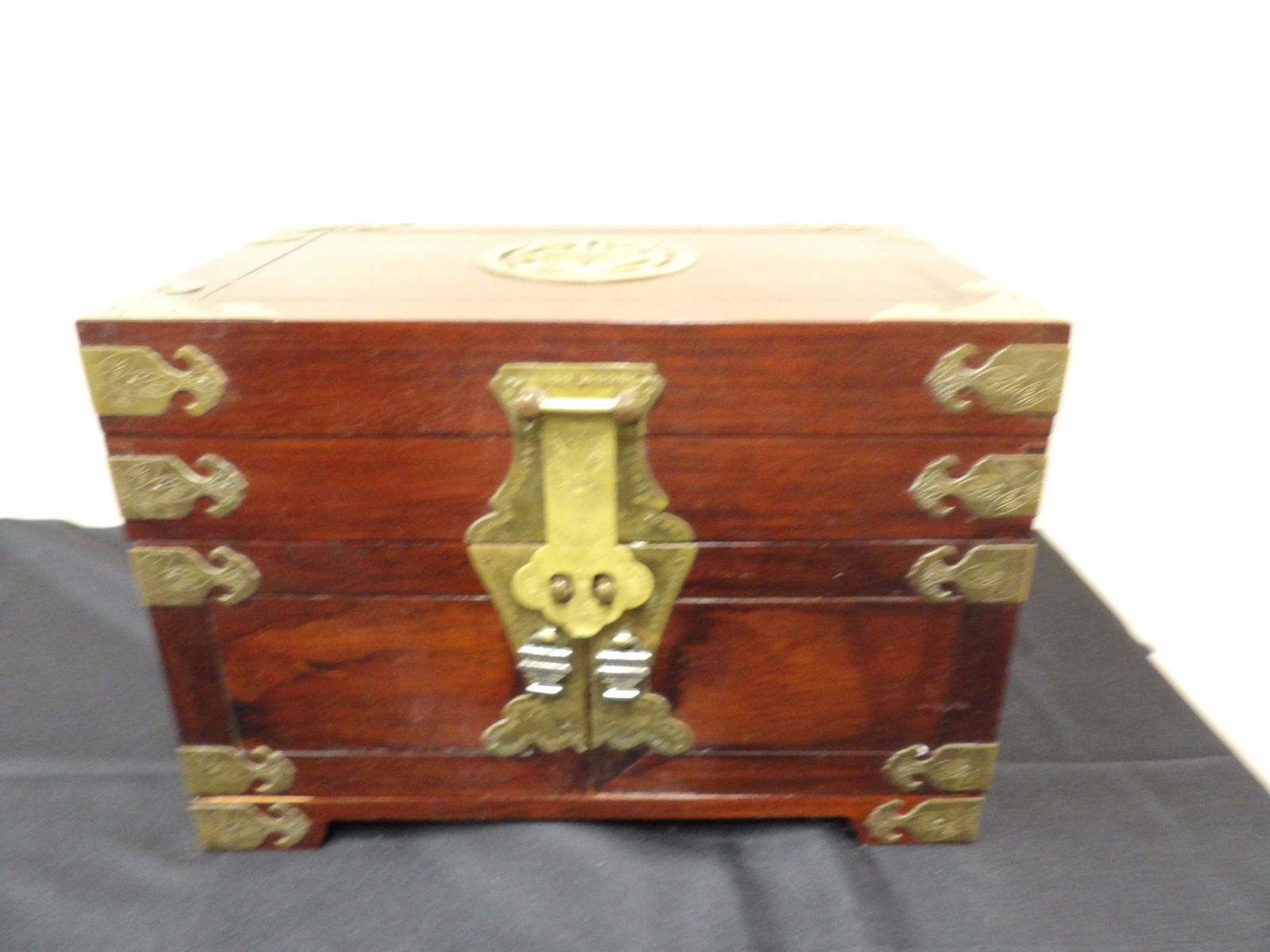 large 4-layer Chinese wooden silk padded jewelry box with brass hardwares (1 of 8)