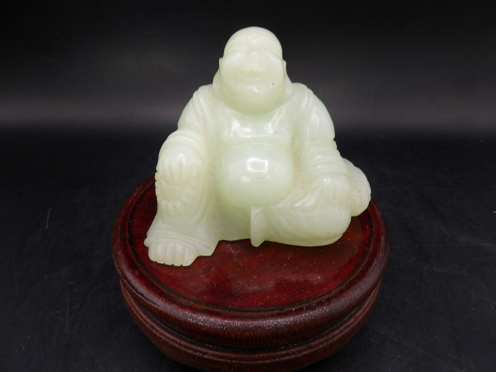 Chinese jade carved buddha statue on wooden base (1 of 5)