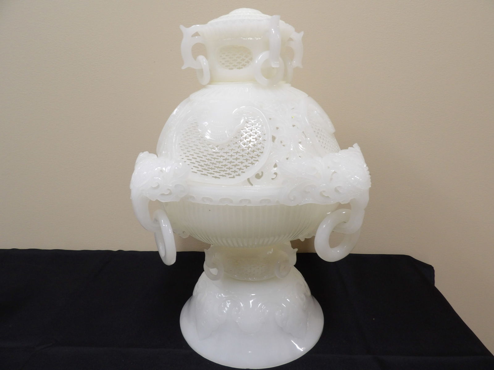 Chinese jade carved reticulated large incense burner with rings heavy 22 lbs: Size is 10 x 10 x 16.5 inches. 22 lbs.