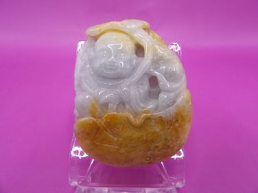 Chinese jadeite jade carved boy holding lotus leaf pendant