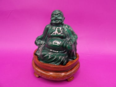 Chinese antique malachite buddha carving adhered to wooden base