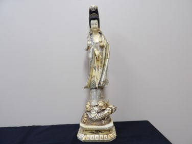 Rare Asian large Kwan Yin riding a dragon bone carved statue 23 inches height