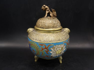 Chinese antique cloisonne brass incense burner with foo dog lid