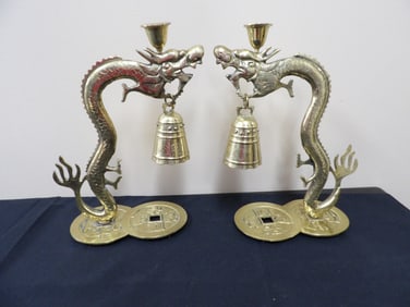 Pair of Chinese brass dragon head with Qing dynasty coin bell candle holders
