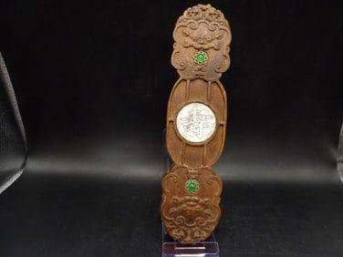 Carved Chinese wooden paperweight with MOP longevity symbol