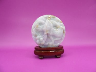 Chinese jadeite jade double sided dragon phoenix carving adhered to wooden base