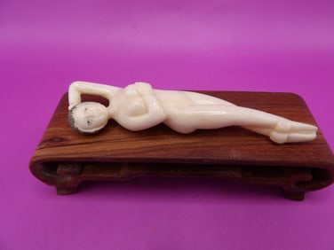 Chinese antique carved Doctor's Lady figurine on wooden base - No Export