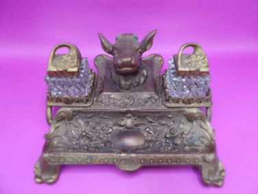 Antique ornate gold gilt bronze Stag double inkwell probably Black Forest