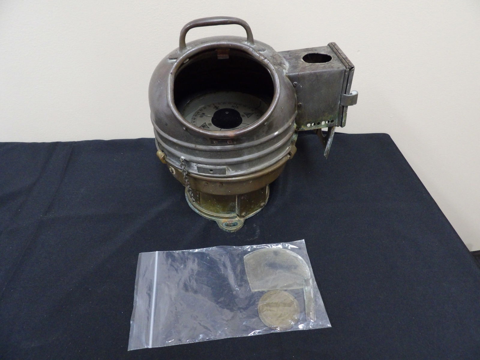 Rare Binnacle ship lantern compass: 10.5 inches height. Working condition. Outer glass lense will need to be replaced and old broken lense is for reference.