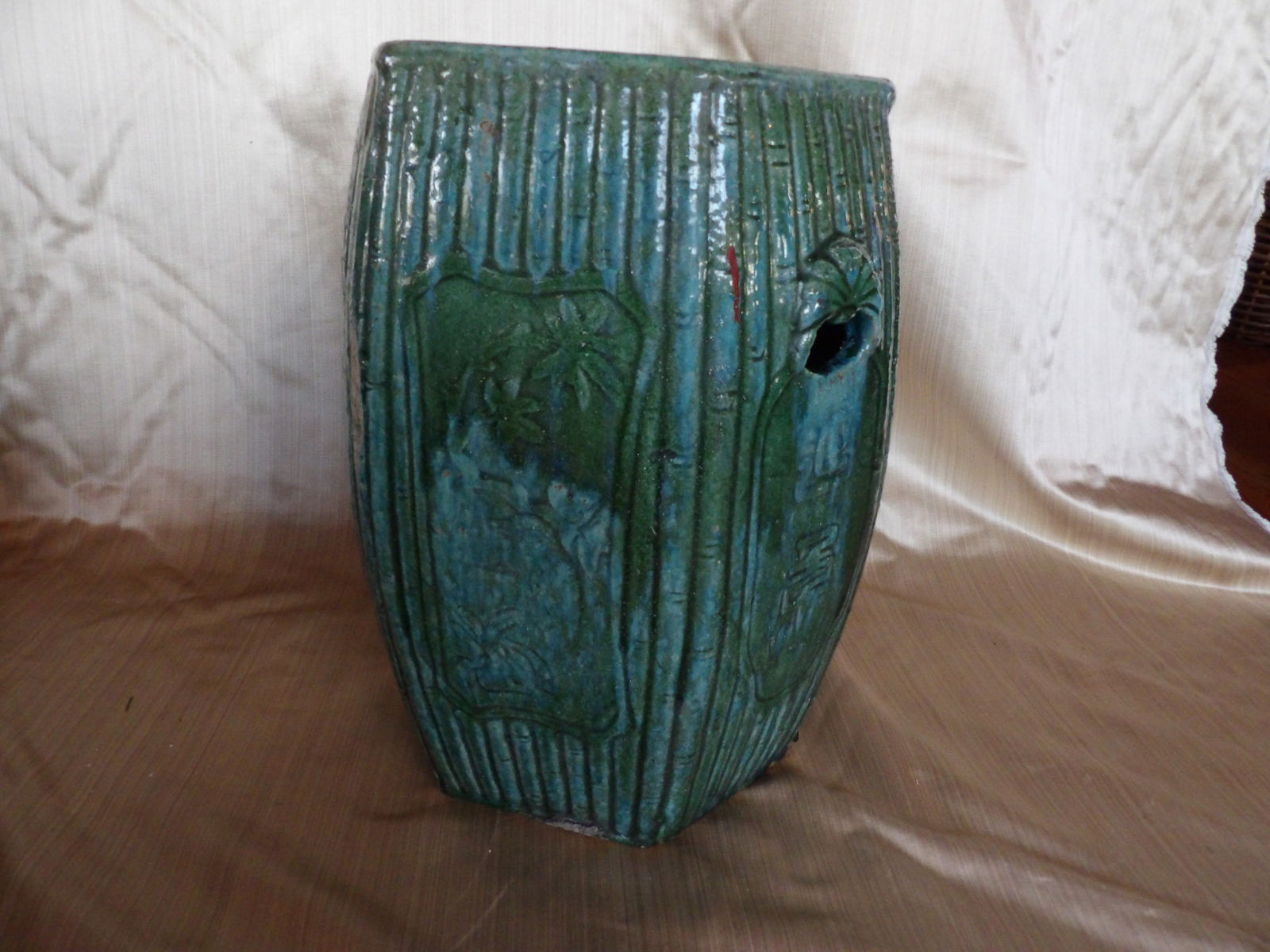 Antique Qing dynasty Chinese green glazed porcelain garden stool with Chinese characters: 17.5 inches height.