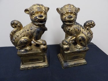 Pair of gold gilt Chinese bronze foo dog statue