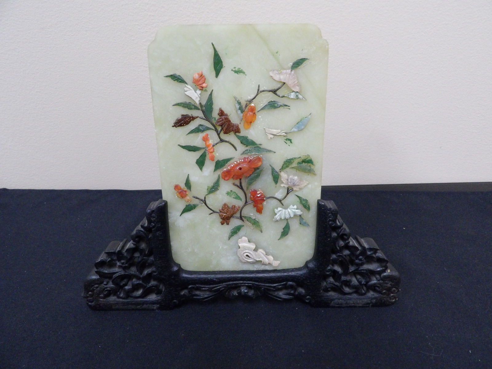 Chinese antique jade table screen with ornate wooden base: 8.8 inches length.
