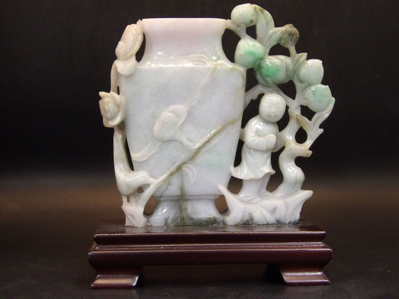 Chinese Qing Dynasty Jadeite Jade Boy Vase Carving on wooden base (1 of 6)