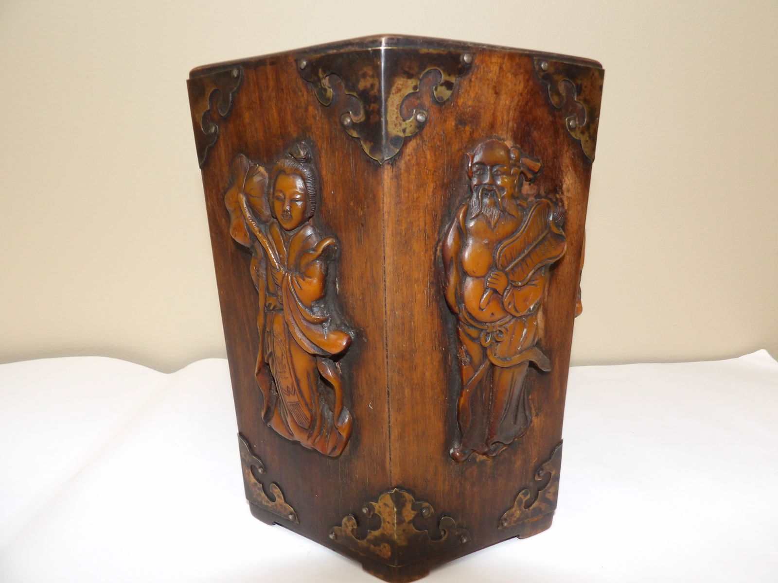 Rare Antique Qing Dynasty Raised Immortal Motif Wood Brush Holder (1 of 6)