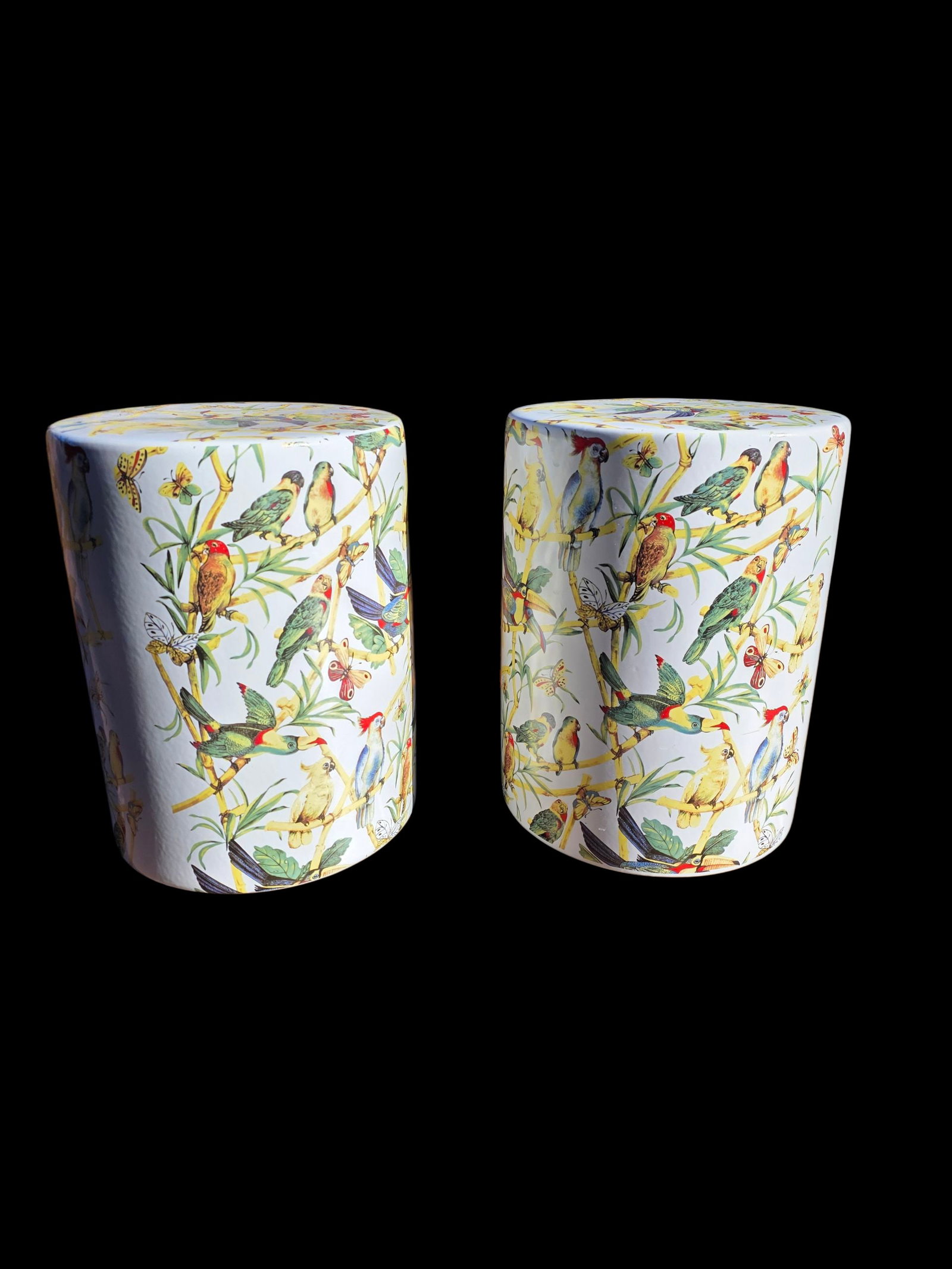 lot of 2 Chinese porcelain garden stools with colorful birds and tree branches: 17.5 inches height.