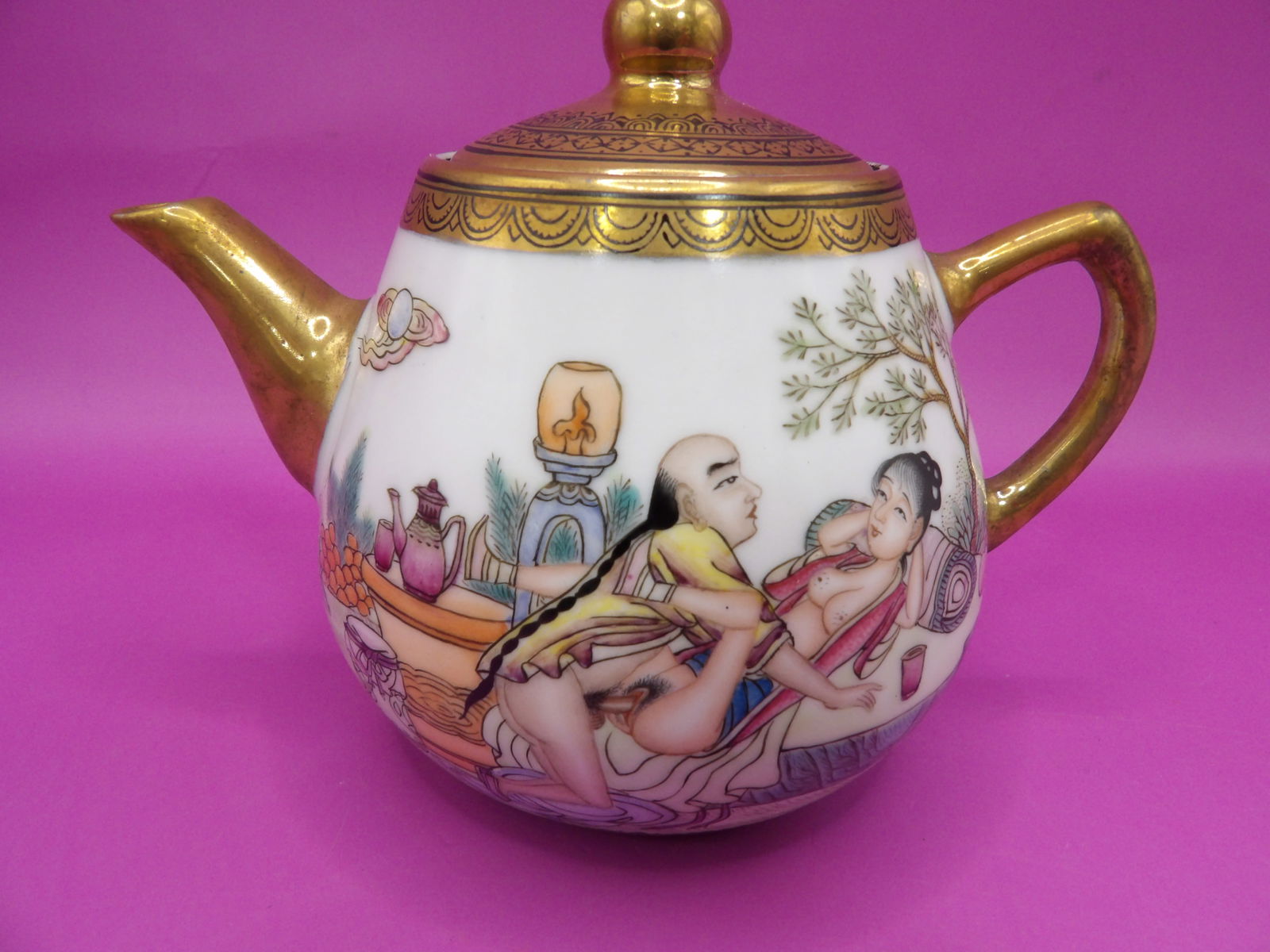 Chinese gold gilt porcelain teapot with Qing dynasty Qianlong mark erotica scene Chinese calligraphy: 5 inches length. Fine painting.