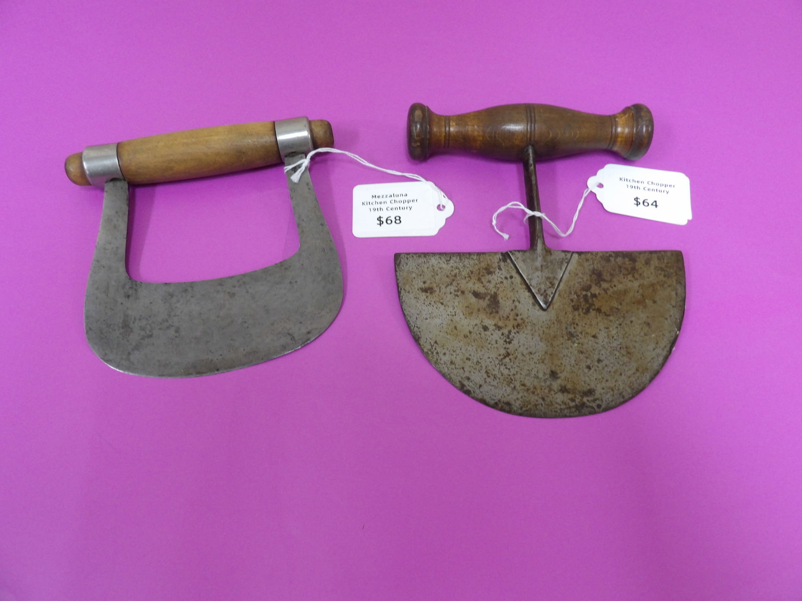 lot of 2 19th century kitchen chopper one Mezzaluna: 5.1 and 5.6 inches length.